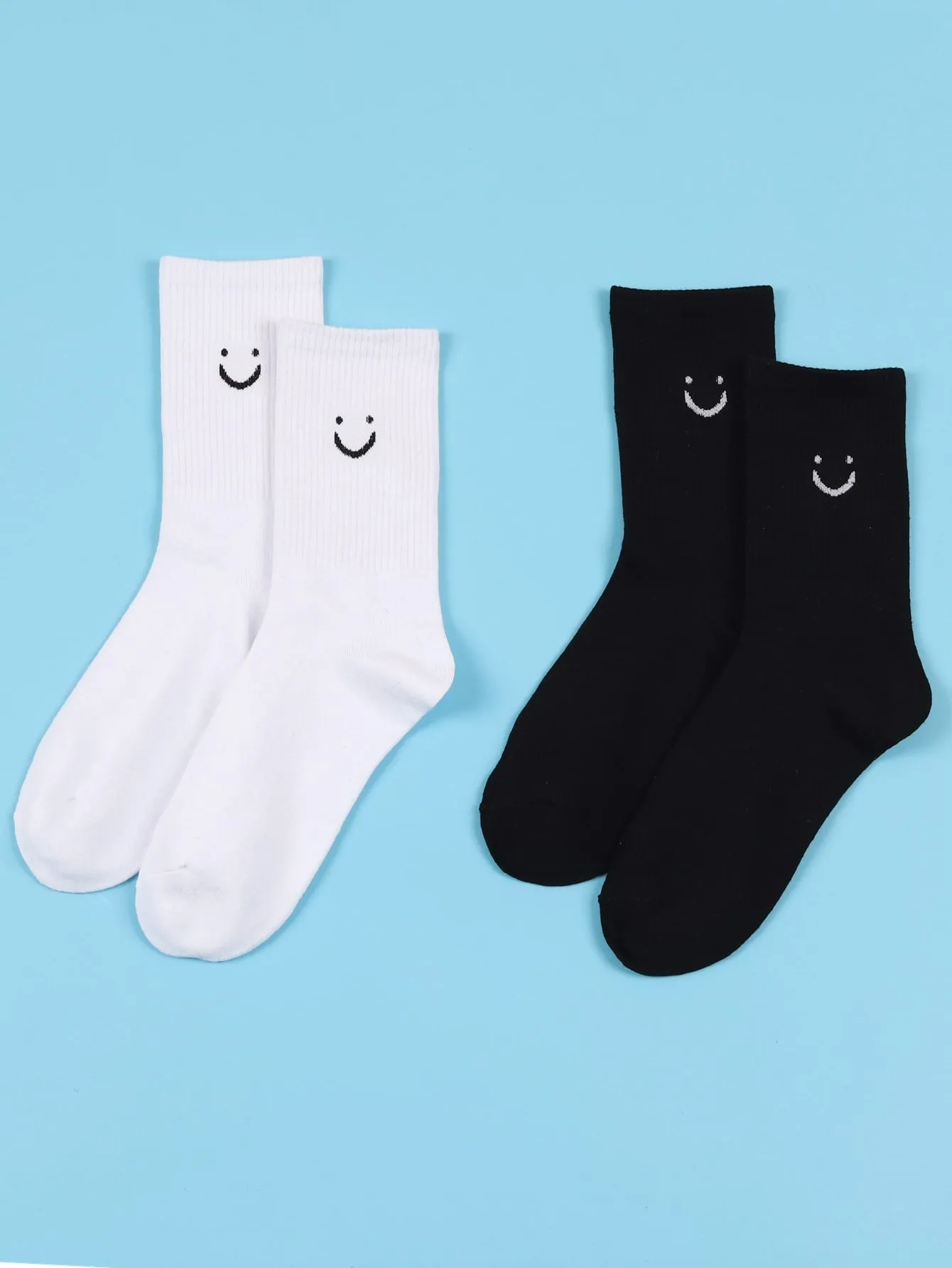 2pairs Black and White Smile Crew Socks Silly Socks for Men Funky Socks Funny