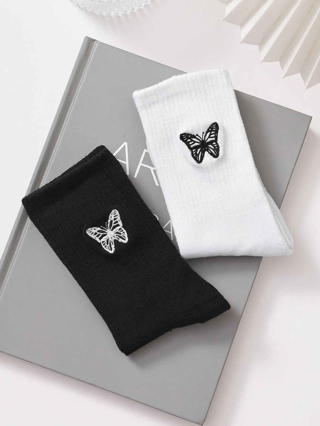 2pairs Butterfly Embroidered Crew Socks for Women Fun Socks Funky Socks Novelty