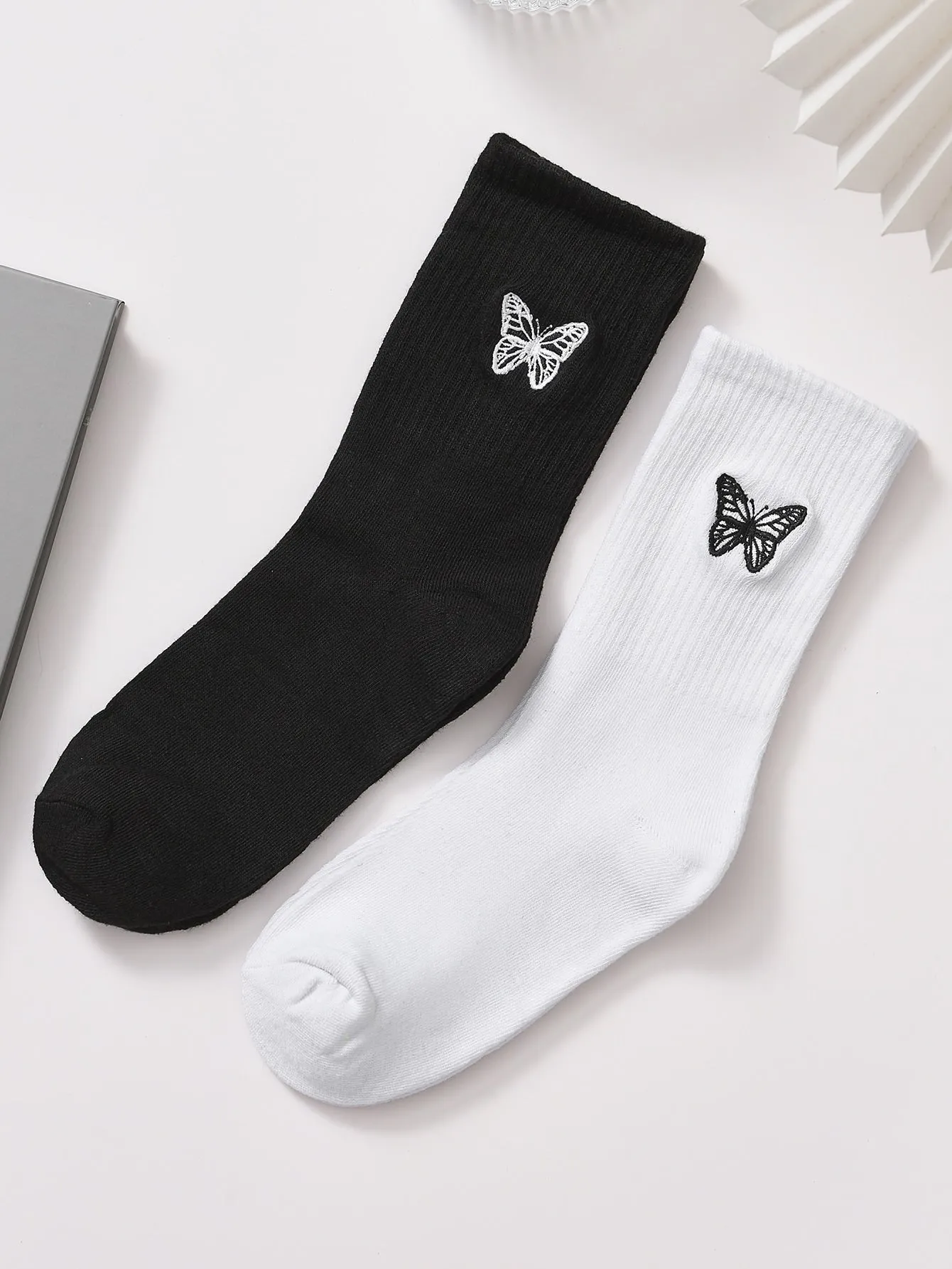 2pairs Butterfly Embroidered Crew Socks for Women Fun Socks Funky Socks Novelty