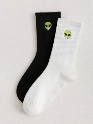 2pairs Green Alien Embroidered Crew Socks for Men Fun Socks Funky Socks Novelty