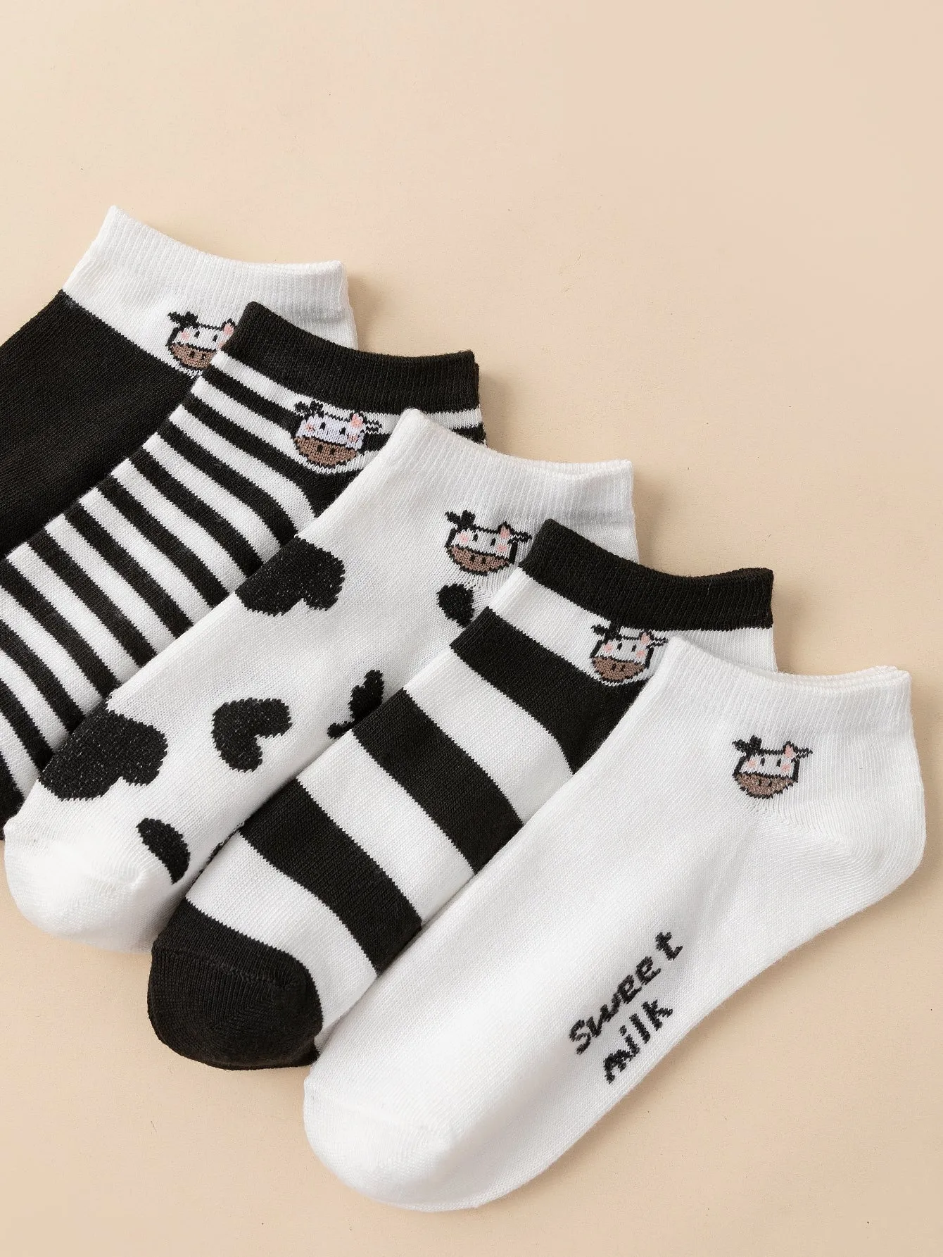 5pairs Cow & Striped Pattern Ankle Socks for Women Fun Socks Funky Socks Novelty