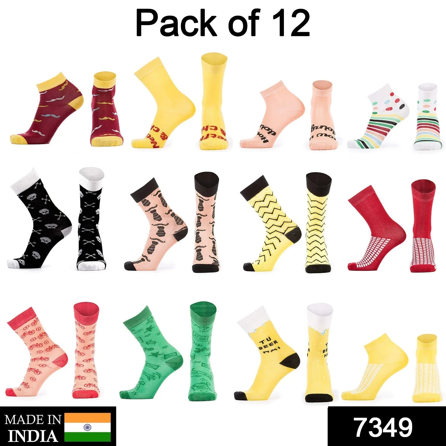 7349 Men's Pattern Dress Funky Fun Colorful Crew Socks 12 Assorted Patterns