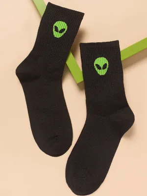 Alien Pattern Black Crew Socks for Men Fun Socks Funky Socks Novelty Socks