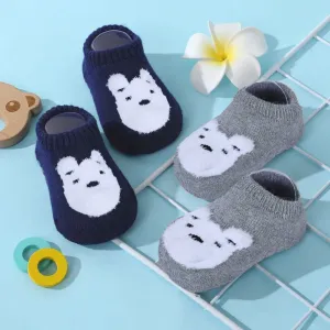 Baby Moo Bear Face Cotton Anti-Skid 2 Pair Socks - Grey