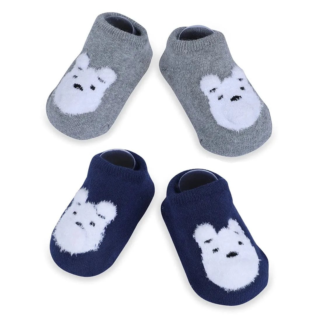 Baby Moo Bear Face Cotton Anti-Skid 2 Pair Socks - Grey