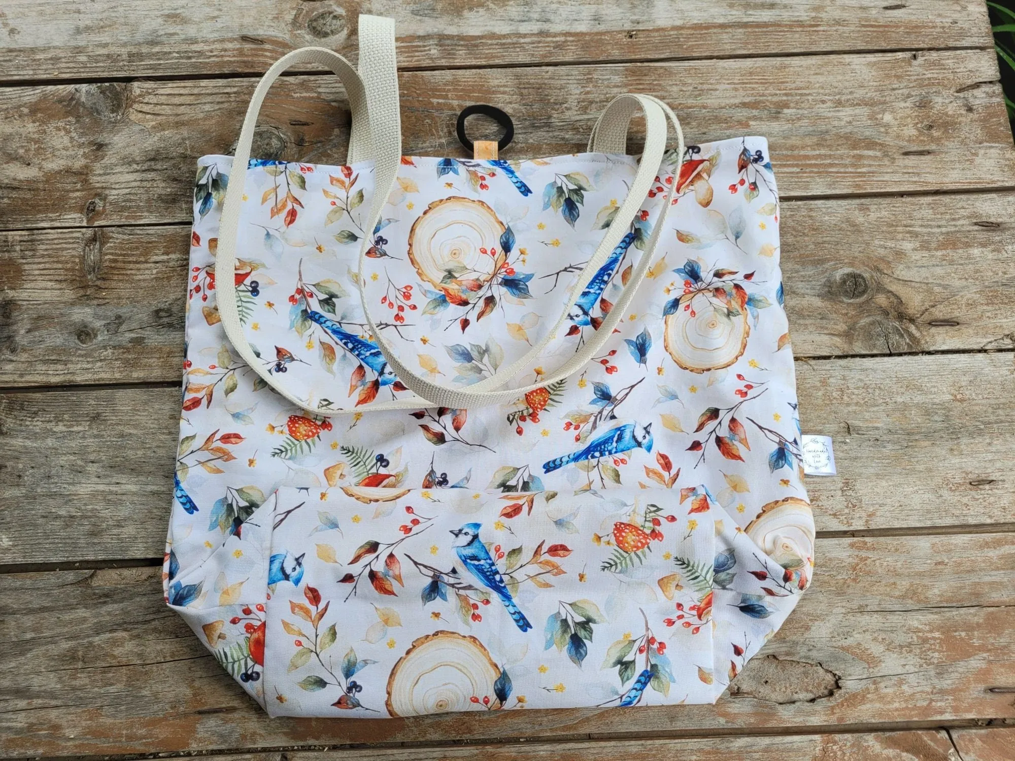 Basic Tote Bag, Reusable Compact Shopping Bag for your Purse with Woodland Blue Jay Birds