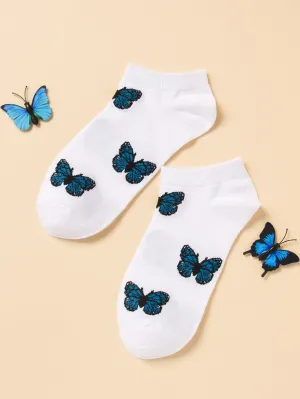 Blue Butterfly Print Ankle Socks Silly Socks for Women Funky Socks Funny Socks