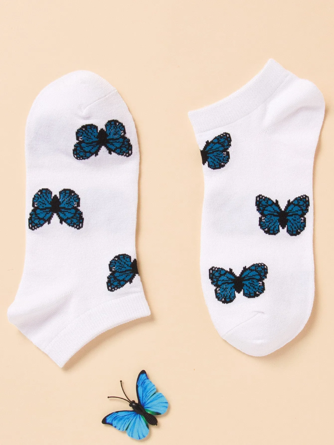 Blue Butterfly Print Ankle Socks Silly Socks for Women Funky Socks Funny Socks