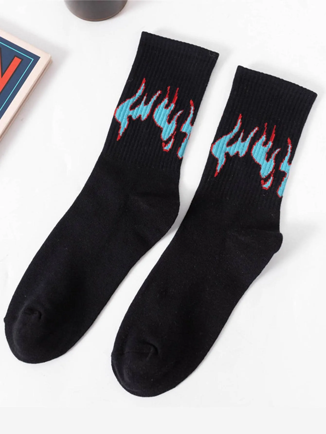 Blue Fire Black Crew Socks for Men Fun Socks Funky Socks Novelty Socks