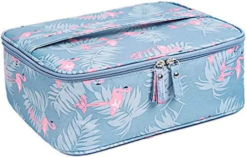 FLYMUG Watrproof Nylon 16 Cms Makeup Beauty Cosmetic Storage Organizer Bag Pouch for Women, Men Toiletry Case with Adjustable Partition, Handle-Blue Flamingo