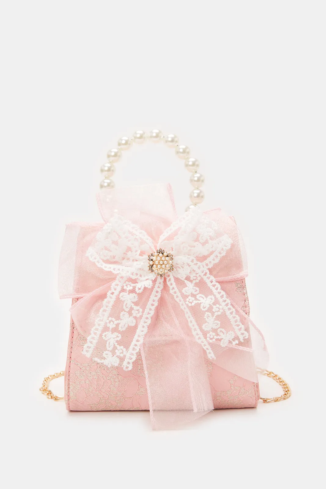 Girls Pink Embellished Crossbody Bag With Bow