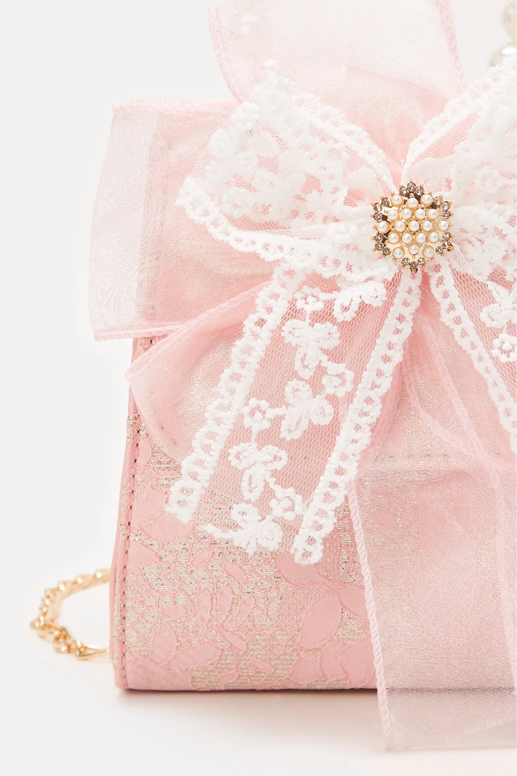 Girls Pink Embellished Crossbody Bag With Bow