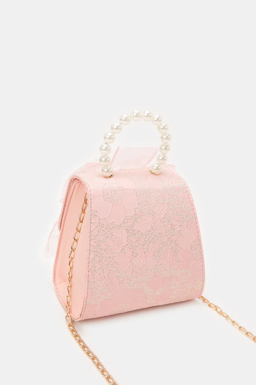 Girls Pink Embellished Crossbody Bag With Bow