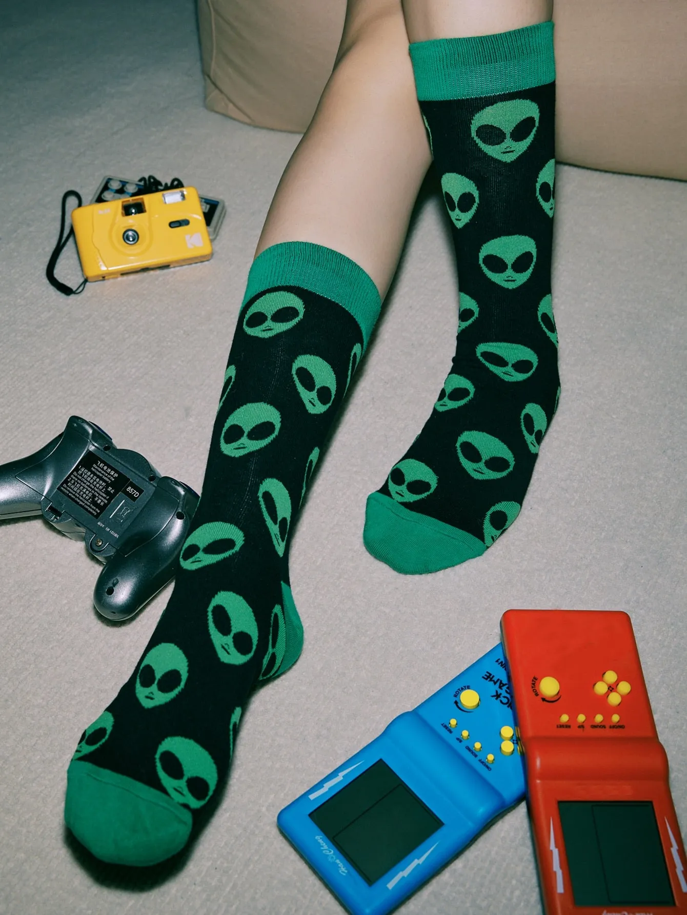 Green Alien Print Crew Socks Silly Socks for Women Funky Socks Funny Socks