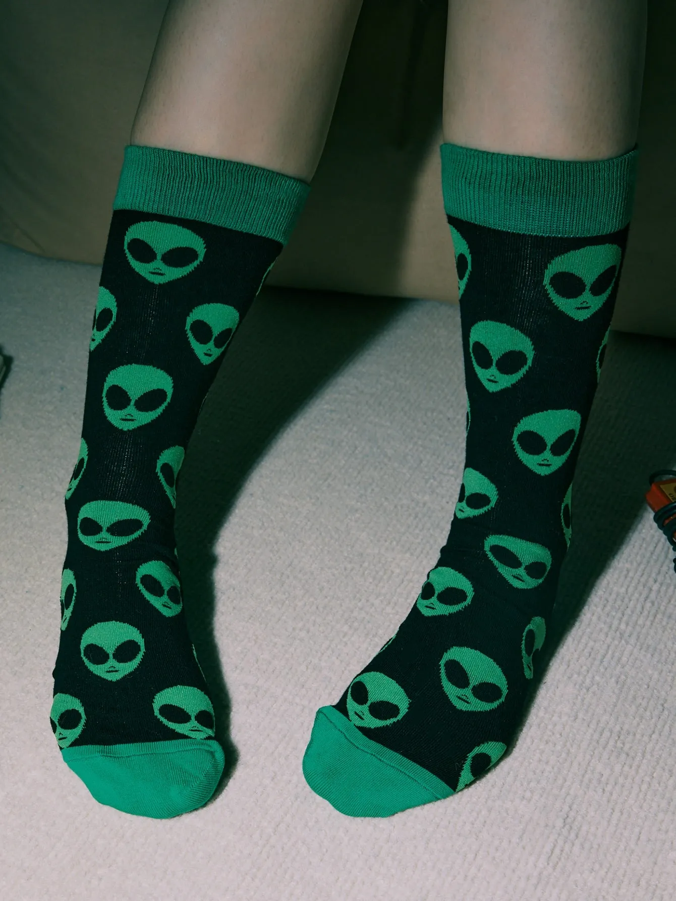 Green Alien Print Crew Socks Silly Socks for Women Funky Socks Funny Socks