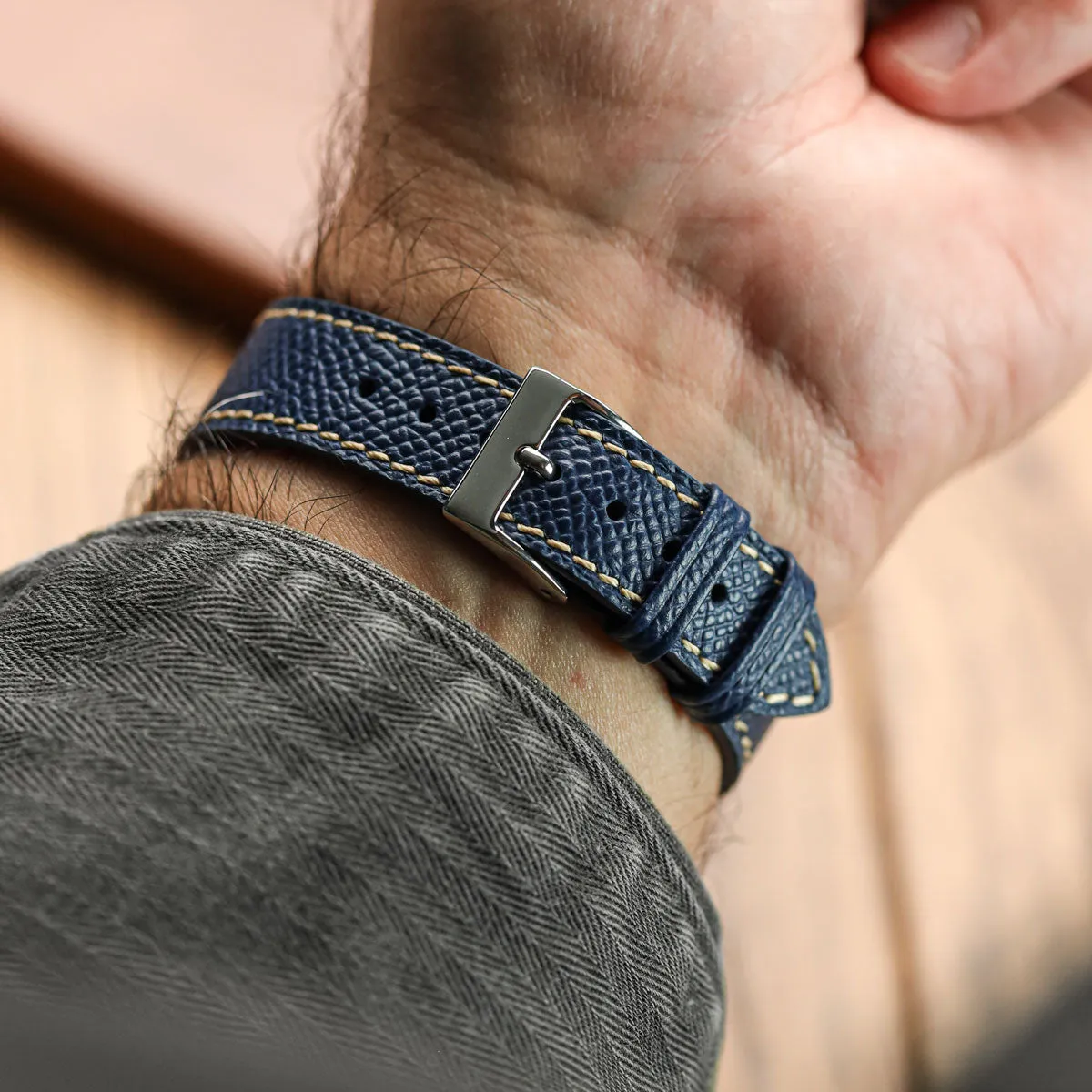 Hand-Stitched Textured Italian Leather Watch Strap  - Alpine Blue