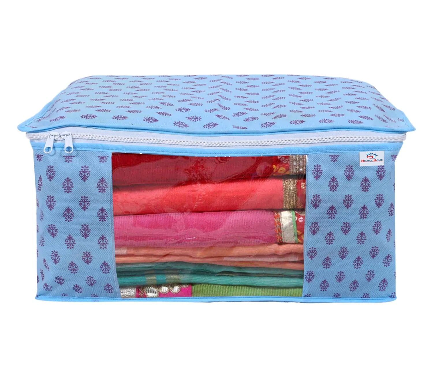 Heart Home Non-Woven Floral Print 2 Pieces Underbed Storage Bag & 2 Pieces Saree Cover With Transparent Window, Pack of 4 (Sky Blue)