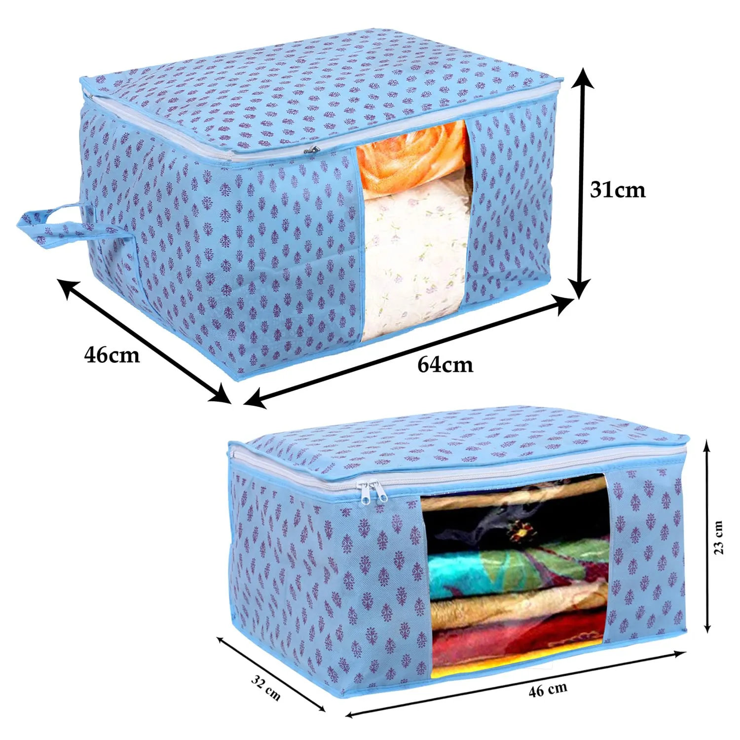 Heart Home Non-Woven Floral Print 2 Pieces Underbed Storage Bag & 2 Pieces Saree Cover With Transparent Window, Pack of 4 (Sky Blue)