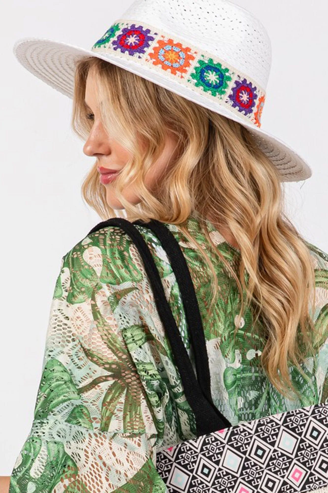 MH0174 Dallas Floral Crochet Band Straw Panama Hat