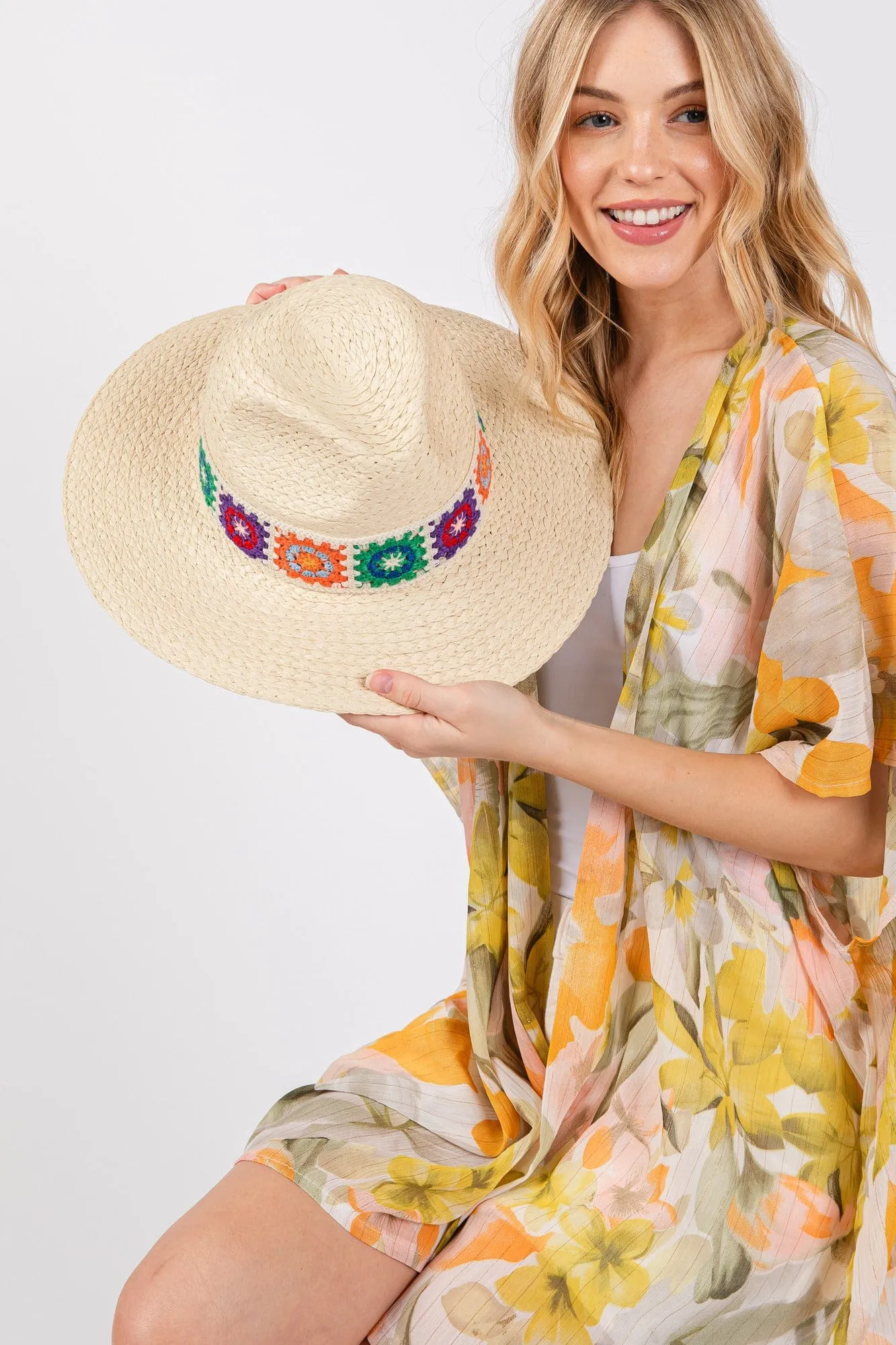 MH0174 Dallas Floral Crochet Band Straw Panama Hat