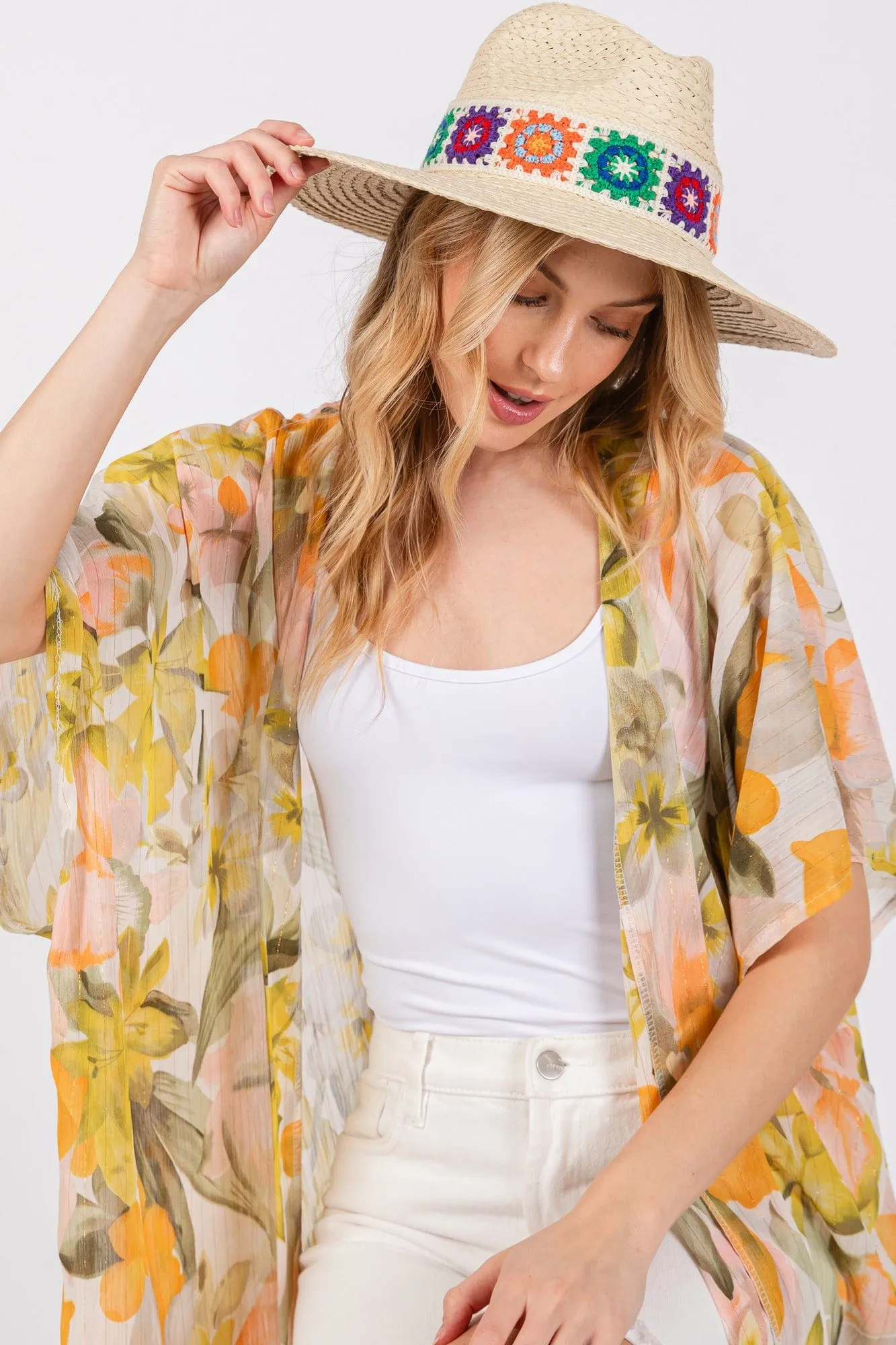 MH0174 Dallas Floral Crochet Band Straw Panama Hat