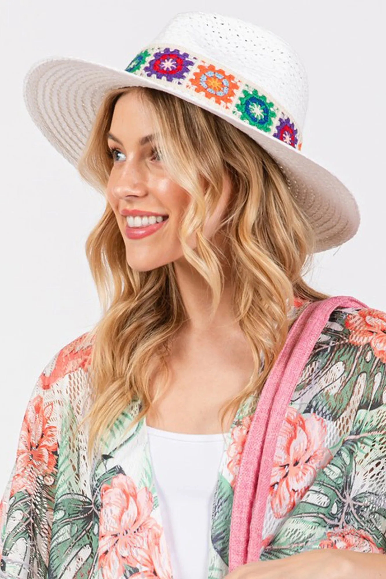 MH0174 Dallas Floral Crochet Band Straw Panama Hat