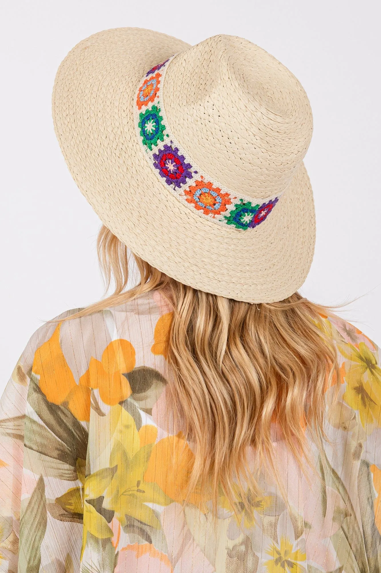 MH0174 Dallas Floral Crochet Band Straw Panama Hat