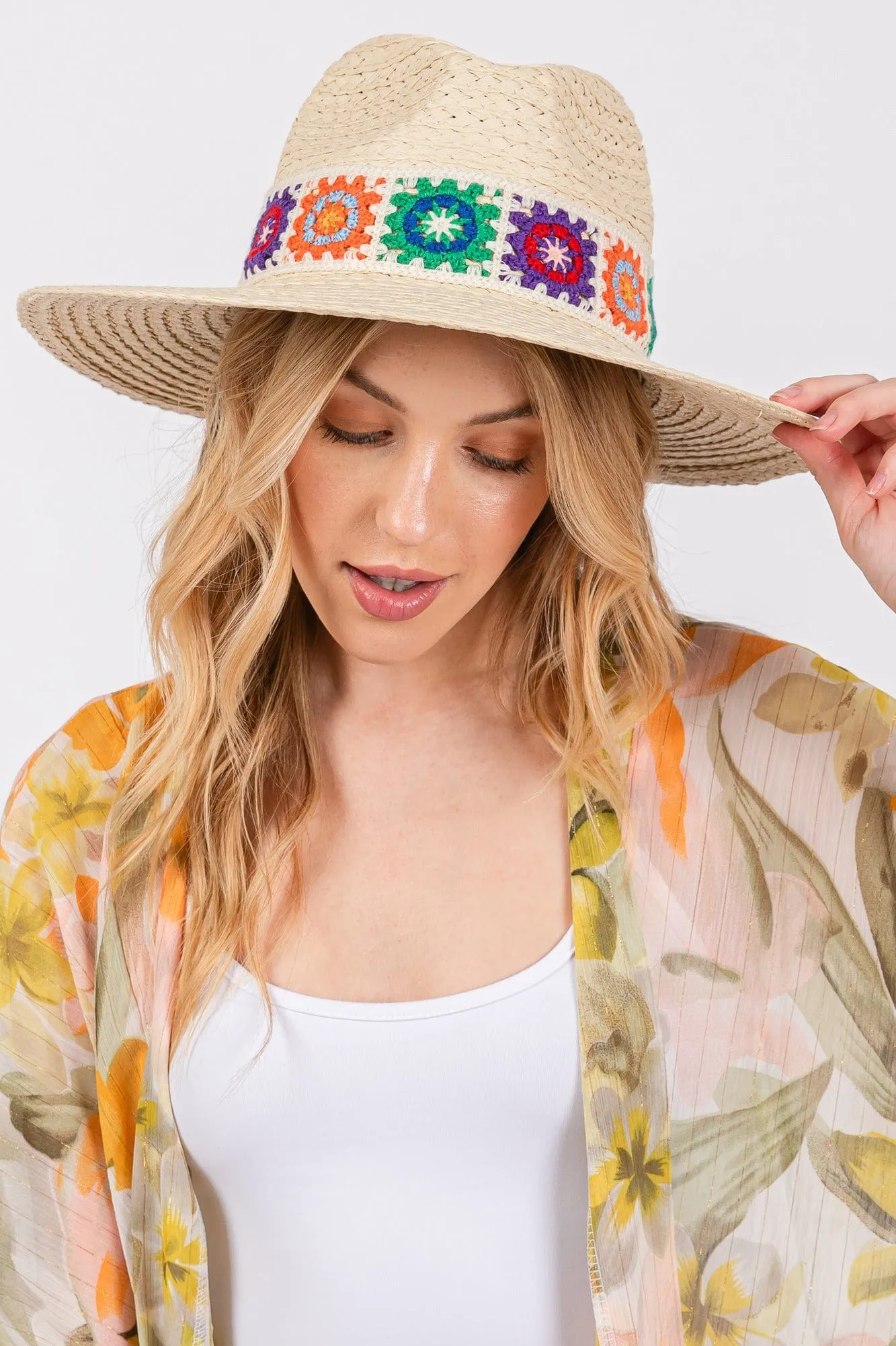 MH0174 Dallas Floral Crochet Band Straw Panama Hat