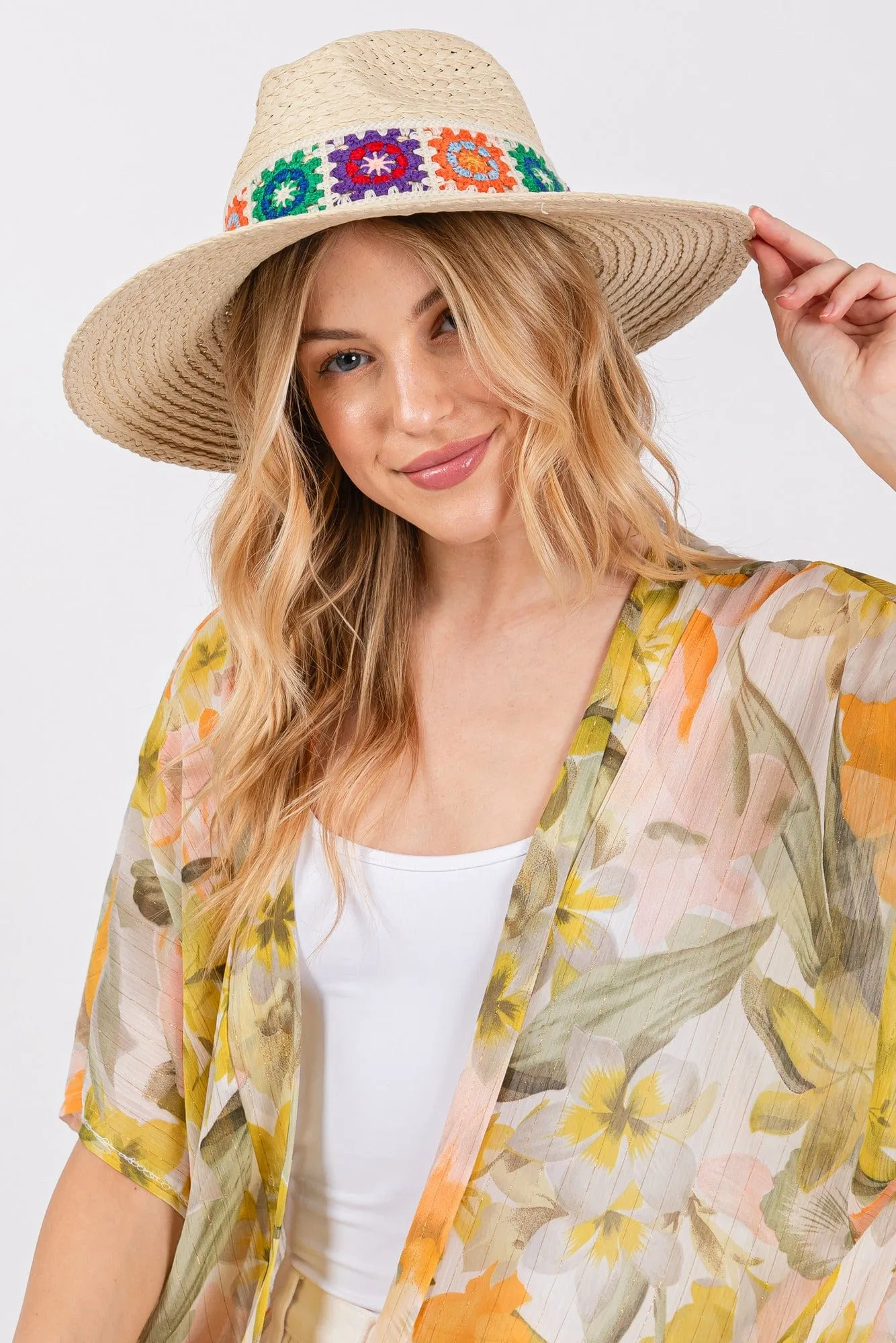 MH0174 Dallas Floral Crochet Band Straw Panama Hat