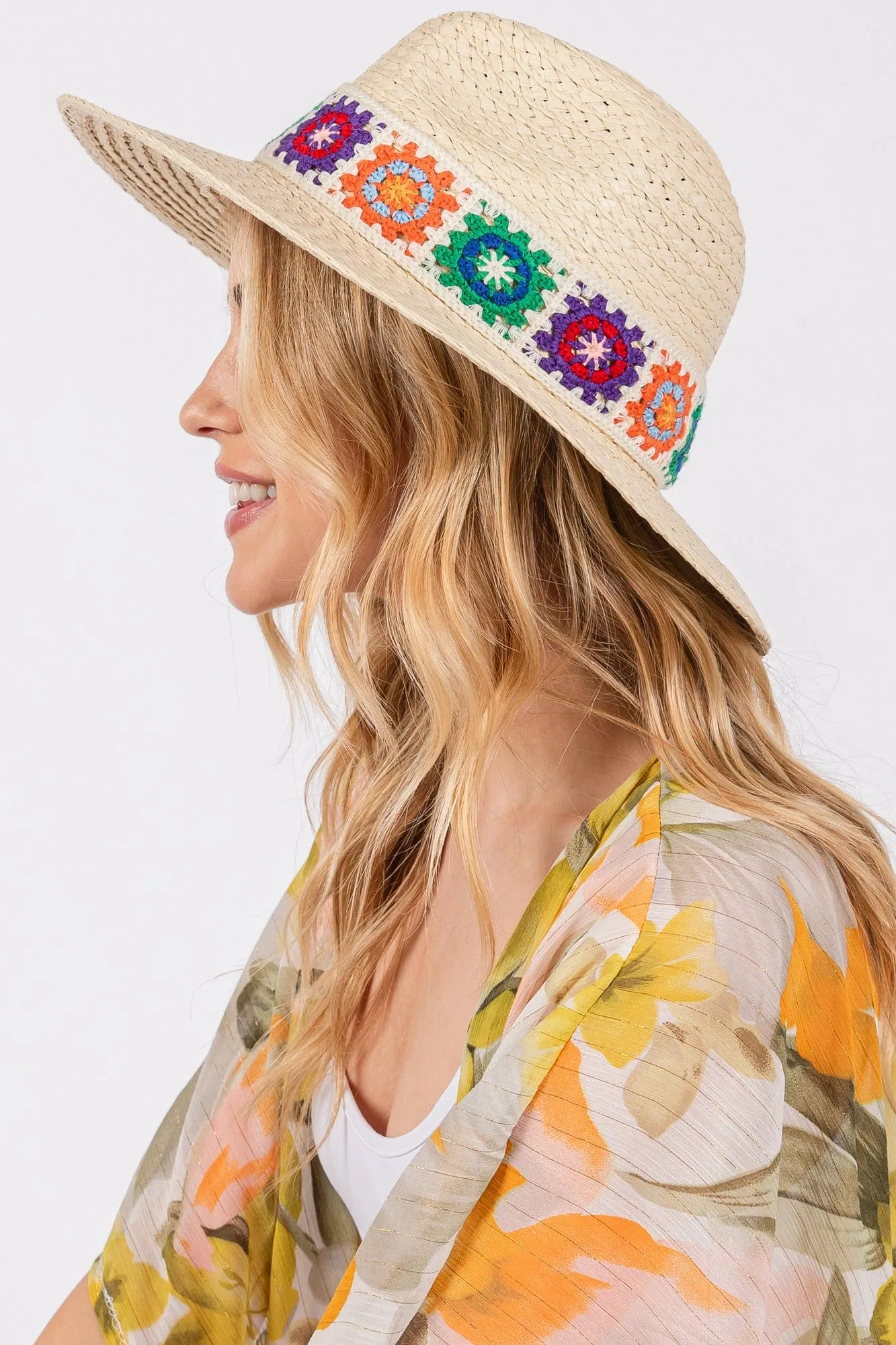 MH0174 Dallas Floral Crochet Band Straw Panama Hat