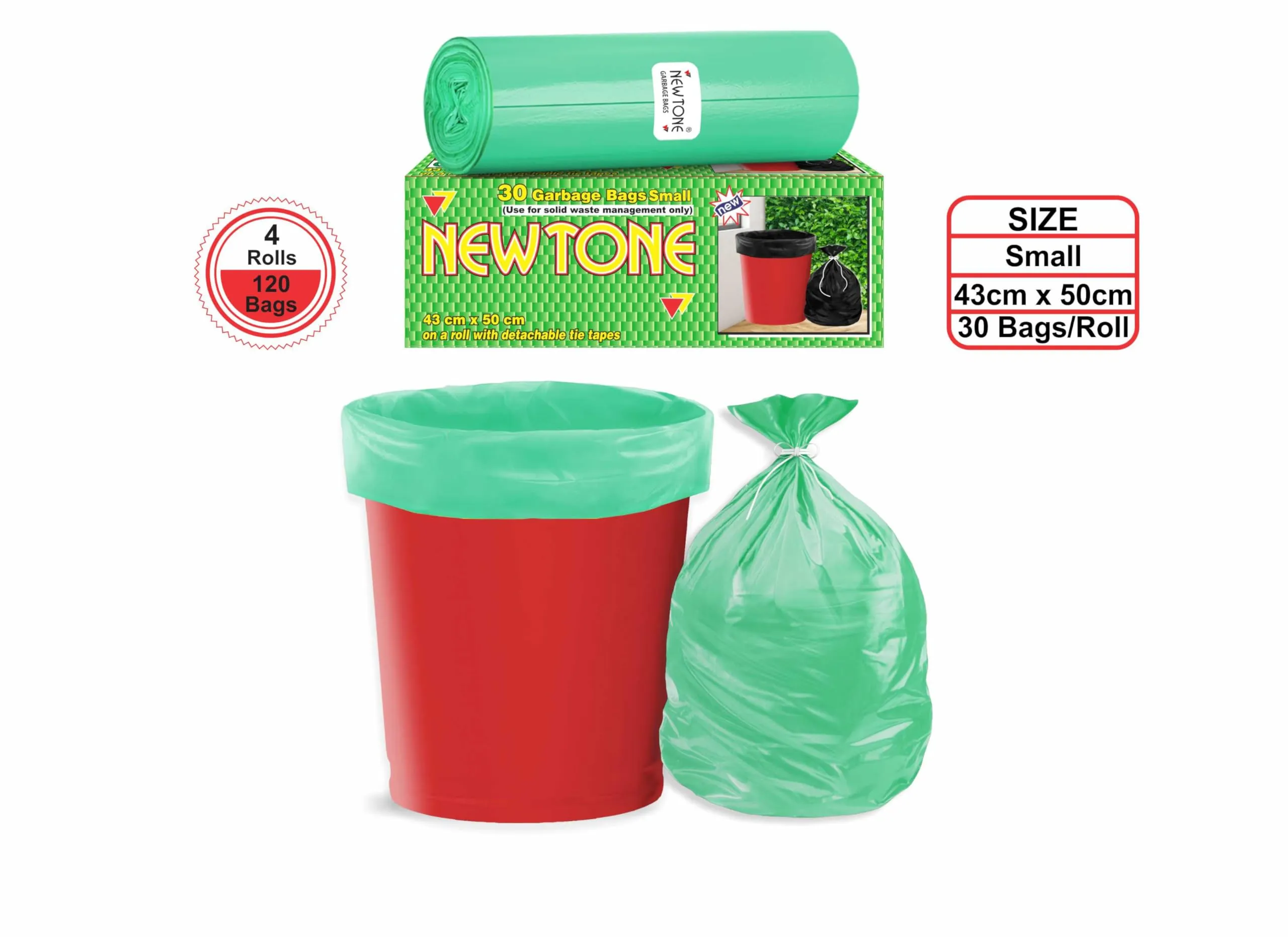 Newtone Premium Garbage Bags Size 17 X 19 Inches (Small) 120 Bags (4 rolls) Dustbin Bag/Trash Bag - Green Color