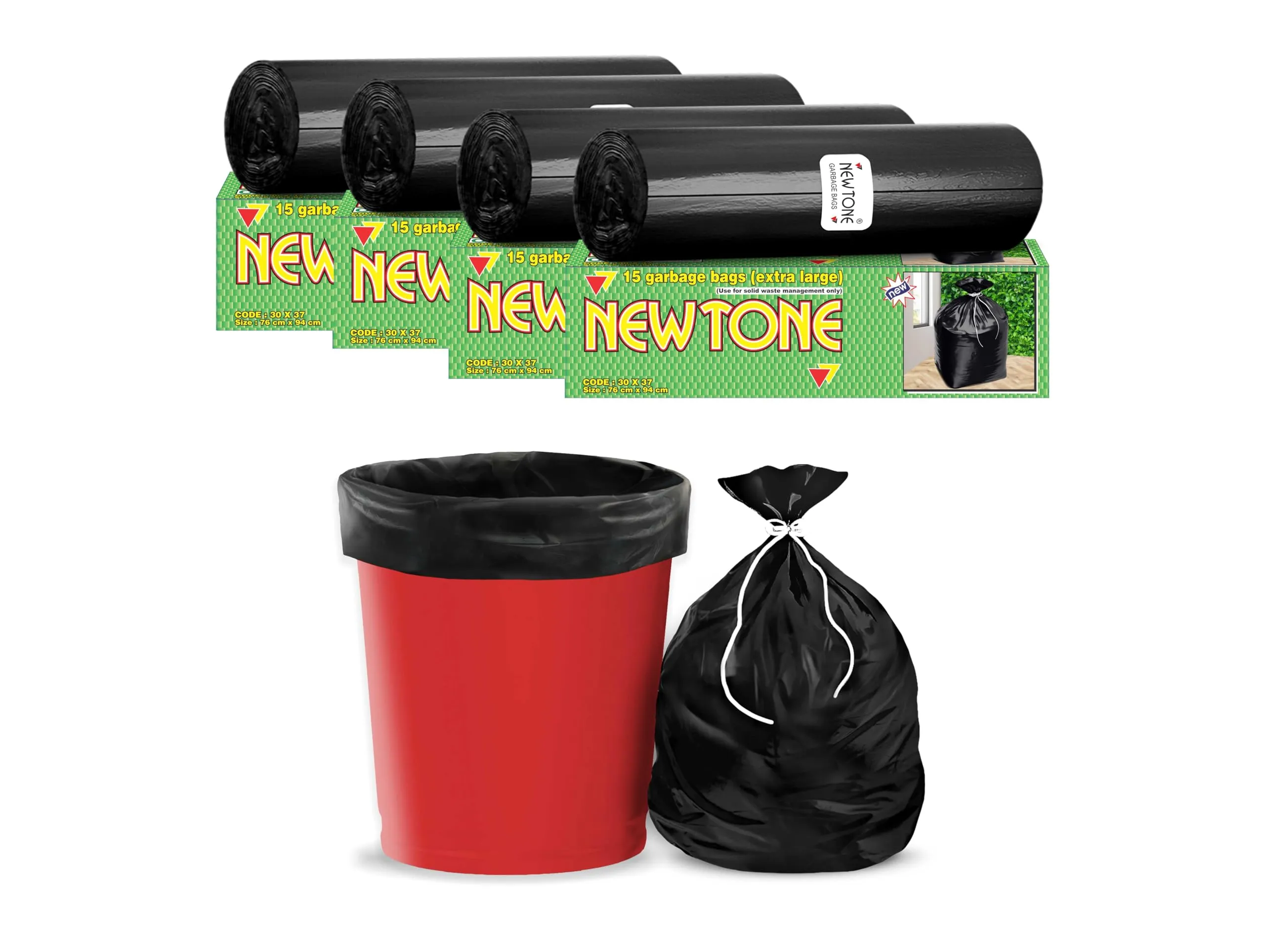 Newtone Premium Garbage Bags Size 30 X 37 Inches (Extra Large) 60 Bags (4 rolls) Dustbin Bag/Trash Bag - Black Color