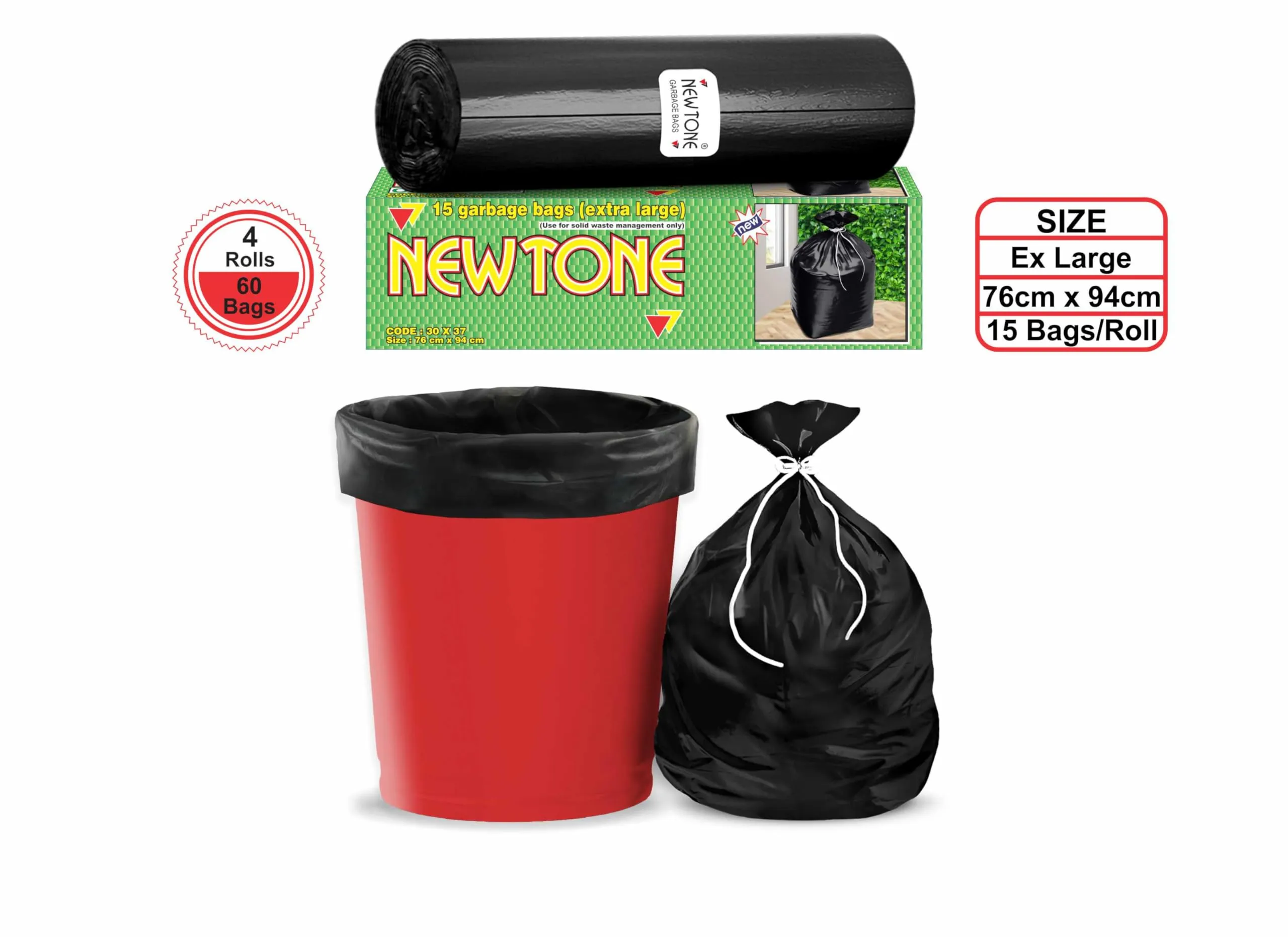 Newtone Premium Garbage Bags Size 30 X 37 Inches (Extra Large) 60 Bags (4 rolls) Dustbin Bag/Trash Bag - Black Color