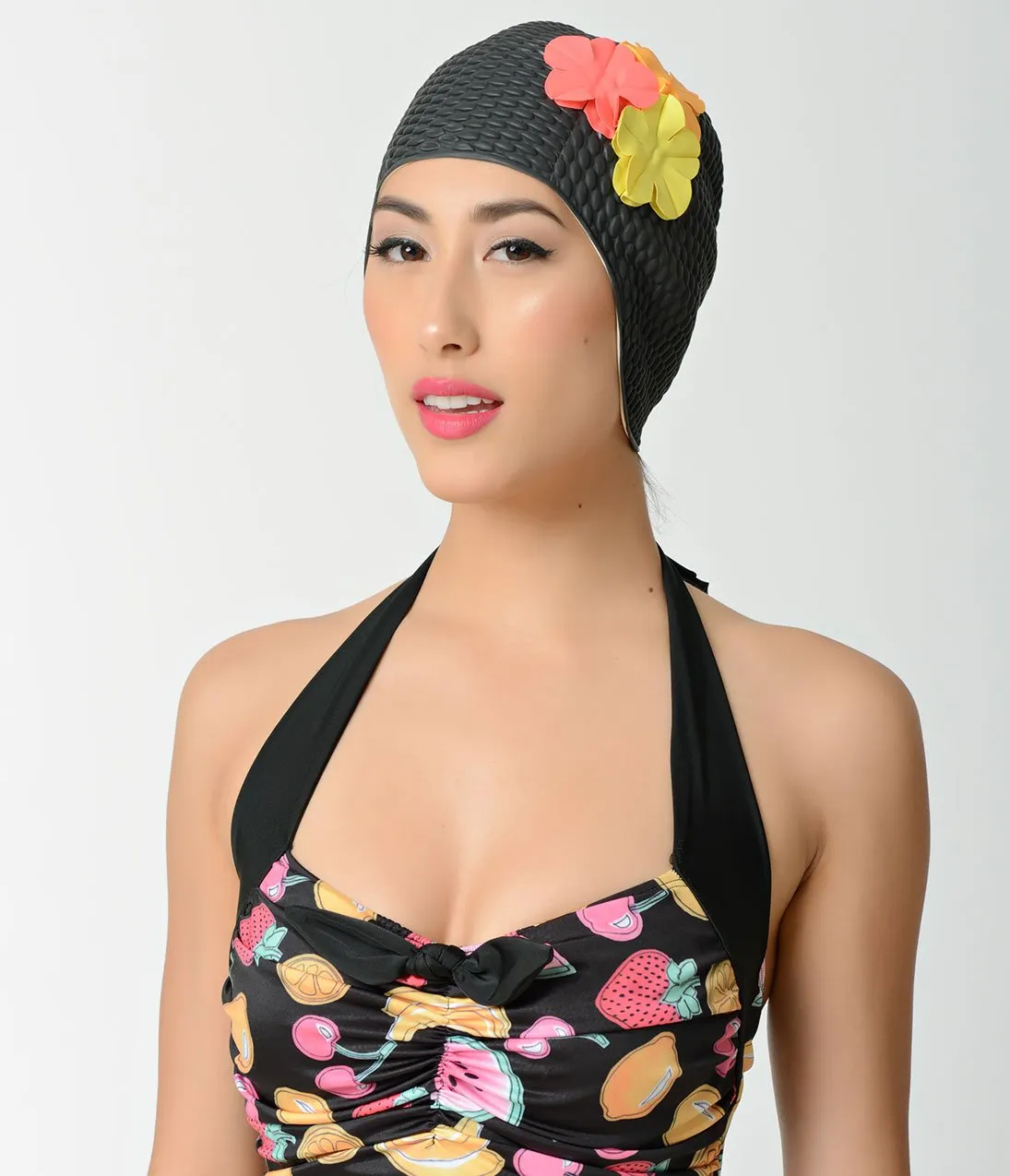 Retro 1950s Style Black Hawaiian Floral Swim Cap