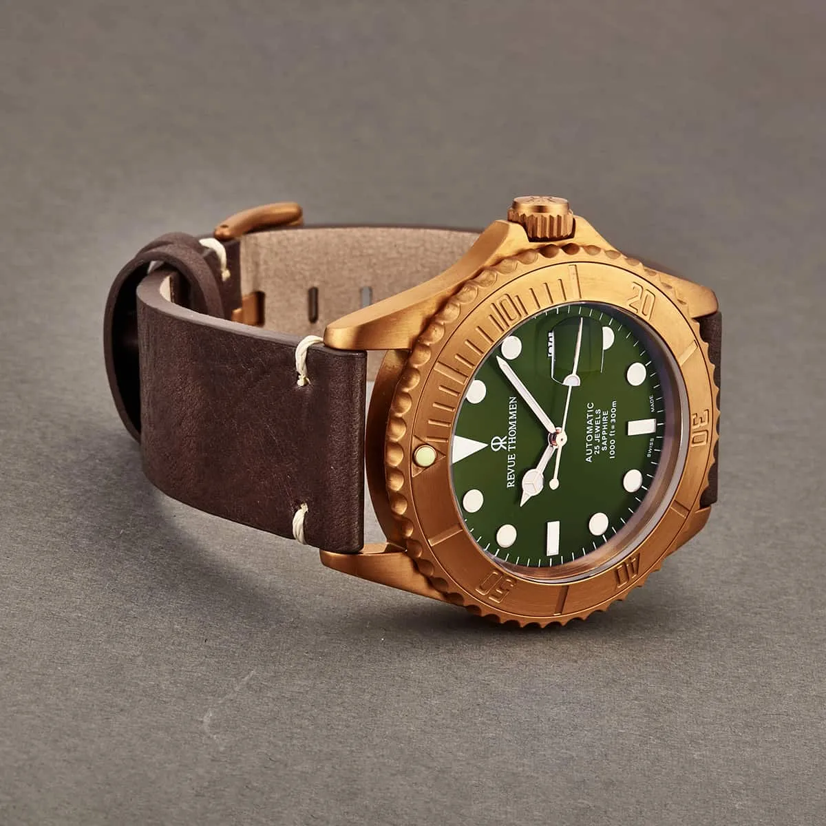 Revue Thommen Men's 17571.2594 'Diver' Green Dial Brown Leather Strap Bronze/Steel Automatic Watch