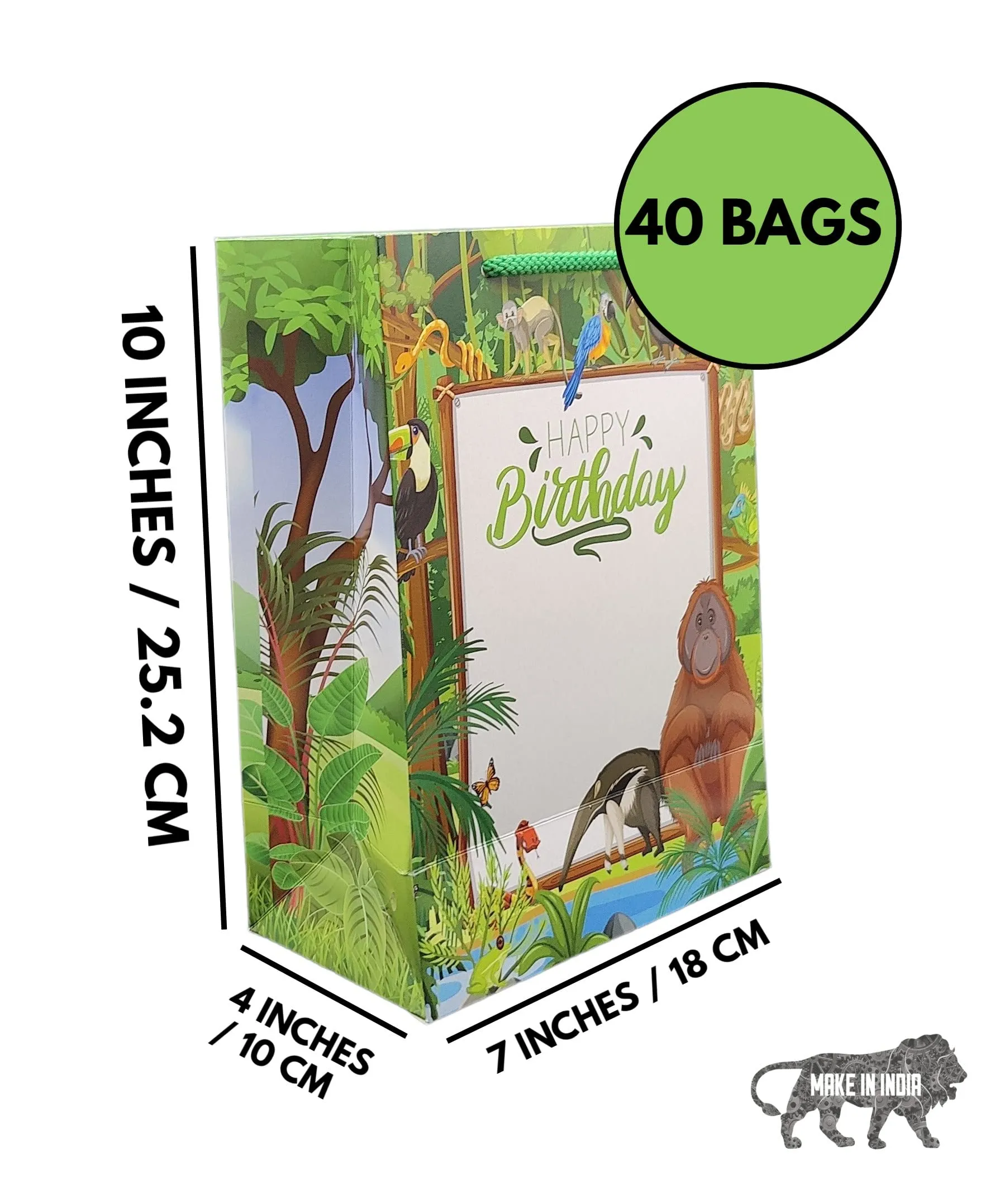 TASCHE Jungle Birthday Theme Bag Gift Bags For Gifting | Weddings | Birthday | Holiday Presents (Size 10 X 7 X 4 Inch | Pack Of 40) - Multicolor