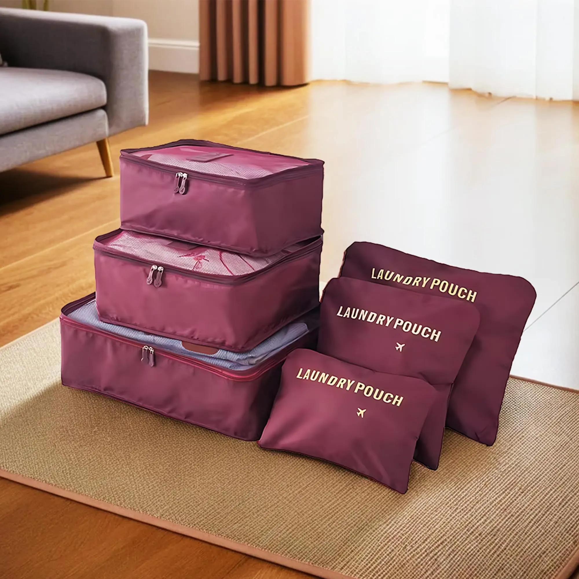 UMAI 6-piece Vacuum-Compressed Travel Organizer   Pouch Packing Cubes | Cosmetics/Laundry/Socks/Shoes Organizer Pouch|Waterproof, Lightweight, Foldable Storage Bag | Maroon