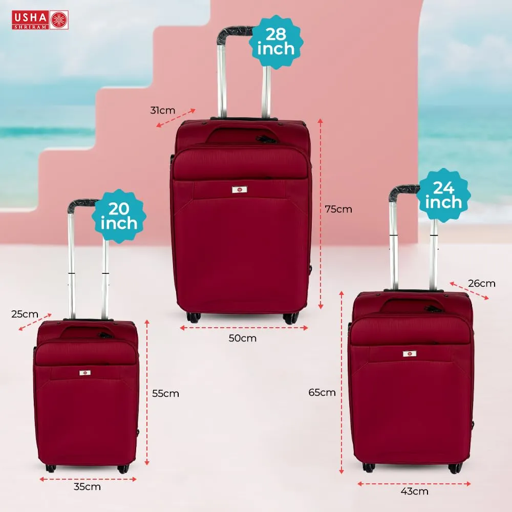 USHA SHRIRAM Fabric Luggage Bag Set of 3 (20 Inch, 24 Inch, 28 Inch) |Trolley Suitcase for Travel | Travel Luggage for Men Women |360 Degree Wheel | Travel Bags for Luggage Trolley Suitcase (Red)